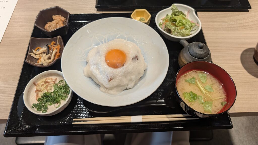 Shiroi kaisen-don lunch set with grated yam, raw egg, and fresh seafood at WAshu WAshoku in Tamachi